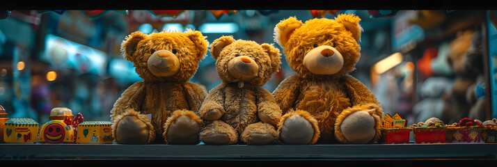 children's world of toys where plush bears,
A bunch of stuffed animals are sitting on a shelf. - obrazy, fototapety, plakaty