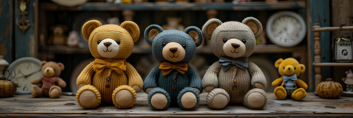 children's world of toys where plush bears,
A collection of teddy bears are sitting - obrazy, fototapety, plakaty
