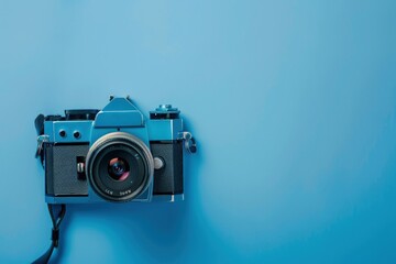 Photo camera on blue background, World Photography Day concept. - obrazy, fototapety, plakaty