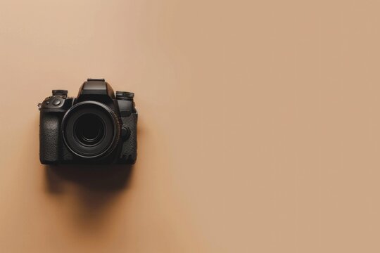 Photo camera on beige background, World Photography Day concept.