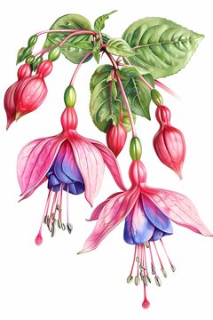 Classic colored pencil of fuchsia, red rare flower  , botanical painting on plain background,  Artwork for wall art illustration and home decor, digital art