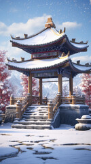 Chinese temple in the snow.