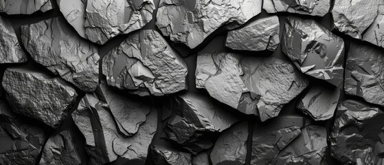 Background texture of black and white rocks. Gray stone background with copy space for designs. Wide banner. Website header.