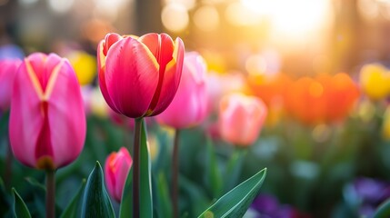 Pink tulips in the morning sun, with a blurred background and sunlight filtering through them.
