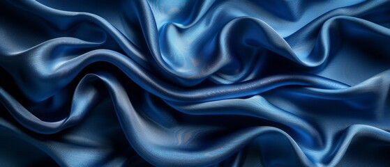 Silk satin background in dark blue with soft folds on shiny fabric. Wide banner with copy space, flat lay. Birthday, Christmas, Valentine's Day.