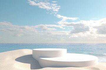 White podium on the beach with blue sky and clouds