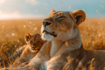 A lioness cuddles her cub in the tall grass
