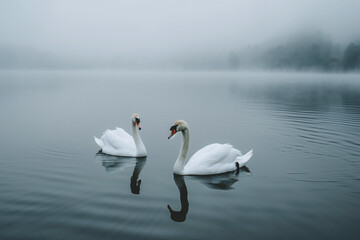 Two graceful swans glide across a misty lake
