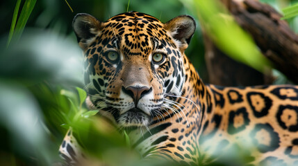 Obraz premium A jaguar cautiously peers out from a dense bush, its gaze fixed on the camera