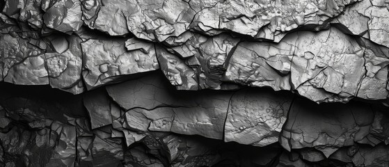 An image of black white rock texture. A rough mountain surface. A close-up of dark volumetric stone background. Crumbled. Weathered.