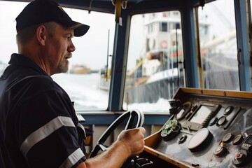 captain navigating a tugboat in harbor waters - obrazy, fototapety, plakaty