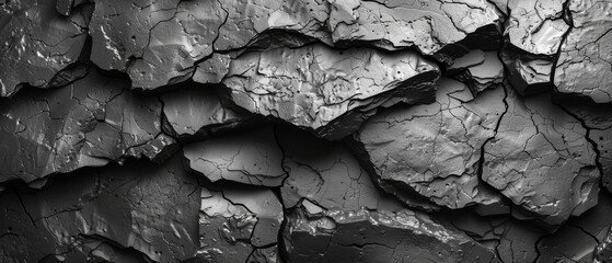An abstract black and white rock texture background. Rough mountain surface with cracks. Close-up. An abstract dark gray stone basalt background for design. Banner size. Long. Panoramic. Website