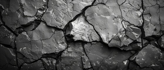 The background is textured black and white rocks with cracks. It's a rough mountain surface with cracks that is close-up. Dark gray stone basalt background for a website header. The background is