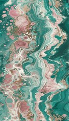 A painting of a green and pink ocean wave with gold accents