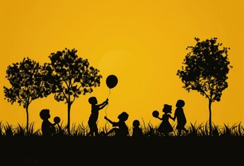 Silhouette of children playing with a ball, Children's Day.