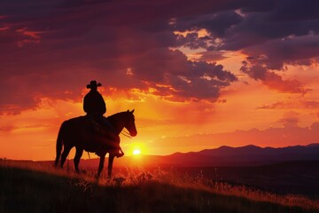 Silhouette of cowboy on horseback, sunset in the background, wild west concept.