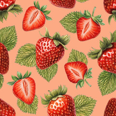 Seamless pattern design with llustrations of strawberries. Color pencil drawings. Perfect for product packaging, home textile, stationery and other goods