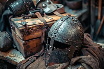 Viking helmet on wooden chest.