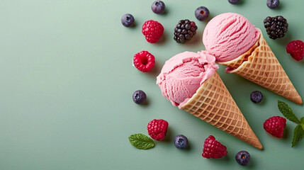 Waffle cones with delicious strawberry ice-cream, blueberries, raspberries and blackberries on...