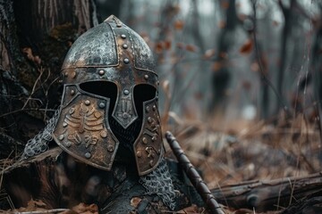 Viking helmet on wooden trunk, forest in the background. - obrazy, fototapety, plakaty
