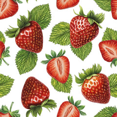 Seamless pattern design with llustrations of strawberries. Color pencil drawings. Perfect for product packaging, home textile, stationery and other goods - 763985891