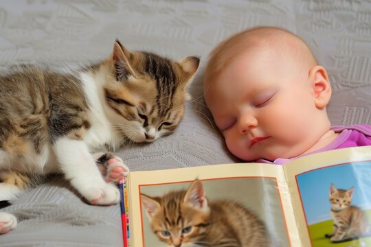 kitten curled up beside baby reading a picture book