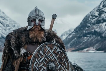 Viking warrior, lake and frozen mountains in the background. - obrazy, fototapety, plakaty