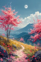 Obraz na płótnie Canvas Cherry Blossom Path under Moonlight
