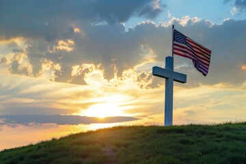 White cross on a hill with USA flag, sunset in the background, memorial day. - obrazy, fototapety, plakaty
