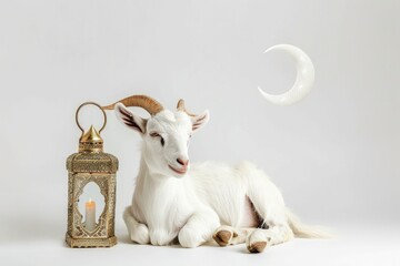 White goat next to a Moroccan lantern, feast of sacrifice concept, Eid-al-Adha.