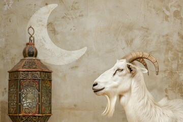 Fototapeta premium White goat next to a Moroccan lantern, feast of sacrifice concept, Eid-al-Adha.