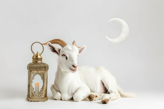 White goat next to a Moroccan lantern, feast of sacrifice concept, Eid-al-Adha.