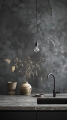 A black sink with a black faucet and a vase of flowers on a counter