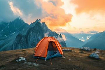 Camping in the mountains at sunset,  The concept of active and ecological tourism
