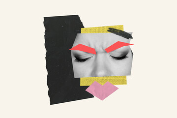 Composite photo collage of young girl face makeup eyebrows eyelashes upset angry eyes closed...