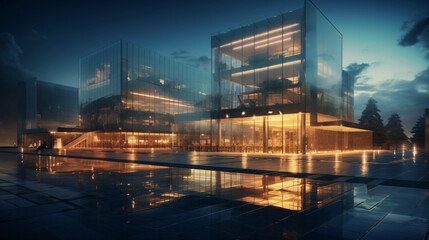a building with glass walls and lights - obrazy, fototapety, plakaty