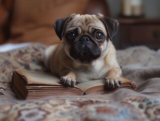 Fluffy Pug on Vintage Book
