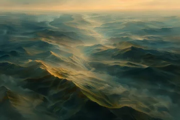 Foto op Canvas A painting of a vast ocean with mountains in the background © jiawei