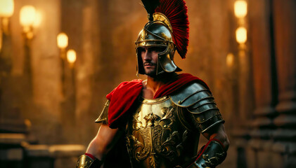 Fototapeta na wymiar Spartan man in gladiator helmet and red long cloak standing with iron shield and spear in hands. Strong roman warrior in battle dress. 1 one, alone greek legionary warrior ready to fight.