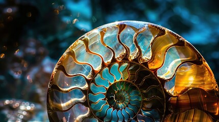Fossil blue and brown ammonite spiral pattern shell isolated on blurred background - obrazy, fototapety, plakaty