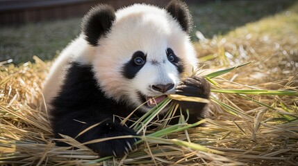 A panda eats a large bamboo stalk. Panda savoring a hearty bamboo feast, pure bliss.
