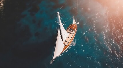 Aerial view of a single-mast yacht gliding along the surface of the water in the open sea. From...