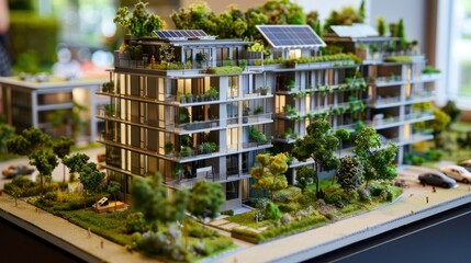 Condos equipped with off-grid capabilities, including water purification and food production, with miniature construction scenes showcasing the installation of these systems 