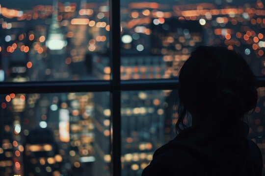 person looking out of highrise office window at city lights