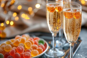 Elegant champagne glasses and colorful jelly candies for festive celebration