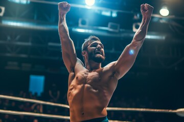 Fototapeta na wymiar wrestler in a victory pose after winning a match