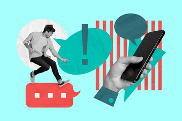 Composite photo collage of young angry guy dance textbox bubble hand hold iphone correspondence isolated on painted background