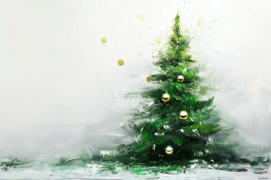 Christmas tree with golden balls and snowflakes on a white background