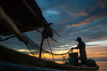 a fisherman mending nets on a boat with the dawn sky brightening