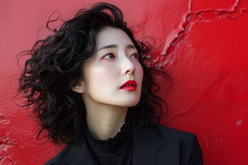 A woman with black hair and red lipstick stands in front of a red wall
